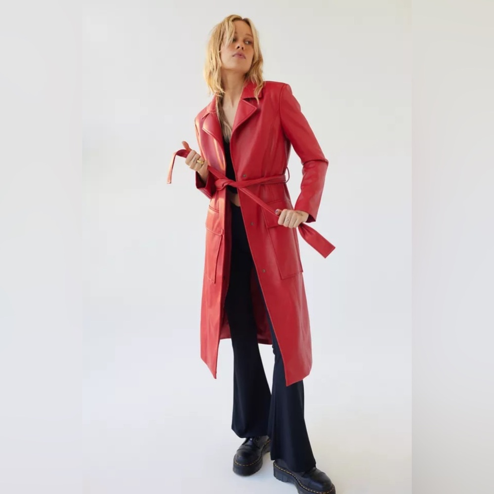 Red leather trench coat